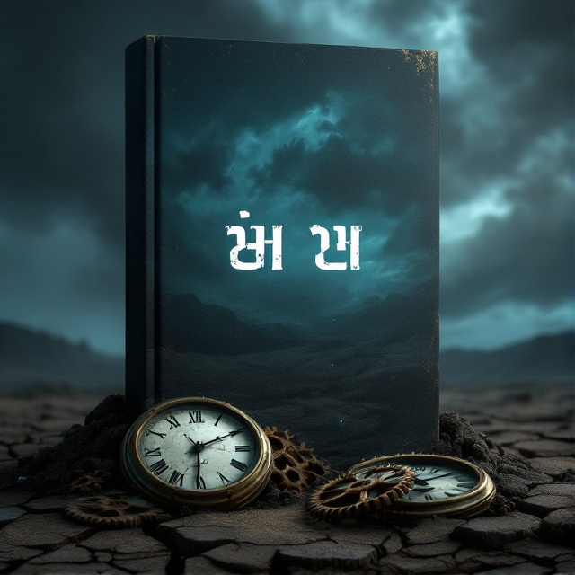 A dark, stormy sky taking up the top half of the cover, swirling with ominous clouds. Below, a desolate landscape with cracked earth, subtly lit by an eerie, flickering light. In the foreground, ancient, weathered clock faces half-buried in the ground, with shattered glass and rusted gears scattered around.