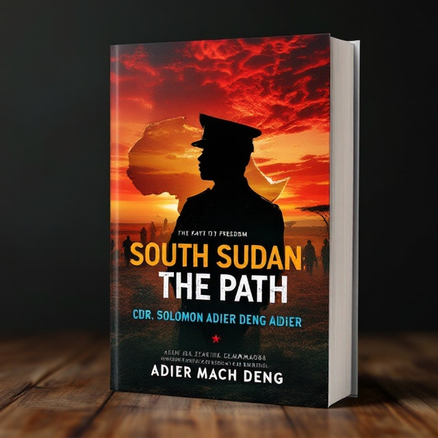 The cover features a bold silhouette of Commander Solomon Adier Deng Adier, overlaid against the outline of South Sudan. The background depicts the African savannah at dusk, with a blood-red sky symbolizing the turmoil and struggle for freedom. Faded images of soldiers in historical battle gear are subtly integrated into the landscape, conveying the memoir's focus on military leadership and the fight for justice.
