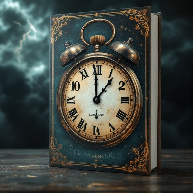 A large, aged pocket clock dominates the center of the cover, its hands frozen at one minute to midnight, signifying the impending doomsday. The clock is set against a backdrop of swirling dark clouds with faint traces of lightning, hinting at an approaching storm. Shadows and highlights on the clock create a dramatic three-dimensional effect.