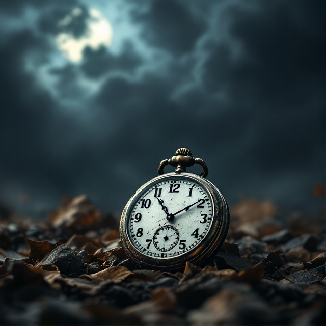 A pocket watch, slightly tarnished, lies on a bed of fallen leaves. The watch face shows the time approaching midnight, and shadows creep in around the edges. The background is a mix of dark, stormy clouds and patches of moonlight breaking through.
