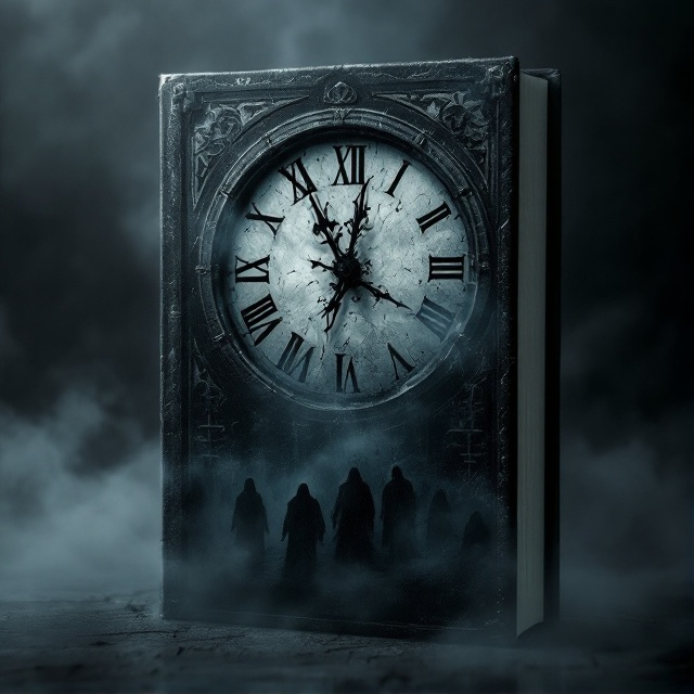 An eerie, dark clock with broken and jagged hands stuck at midnight, half submerged in shadow. The background features a gloomy, ghostly mist with obscure religious symbols faintly visible, intertwined with tendrils of smoke. In the foreground, shadowy figures loom, indistinct and threatening.