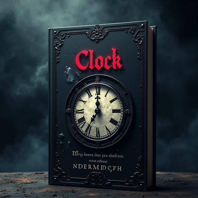 A dark, ominous background with an ancient clock at the center showing the time as midnight, partially obscured by swirling mist. Shadowy religious symbols, such as a cross or a silhouette of a cathedral, subtly blend into the surrounding darkness. Eerie, ghostly hands seem to reach out from the clock's edges, adding an element of supernatural horror.