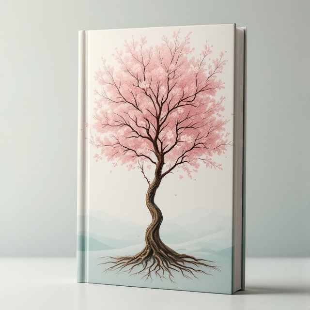 A serene scene showcasing a single majestic blossom tree in full bloom, symbolizing nature's purity and grace. Underneath, the subtle outline of a flowing hijab merges with the branches, creating a harmonious blend. The backdrop reflects soft, pastel tones that enhance the tranquility of the setting.