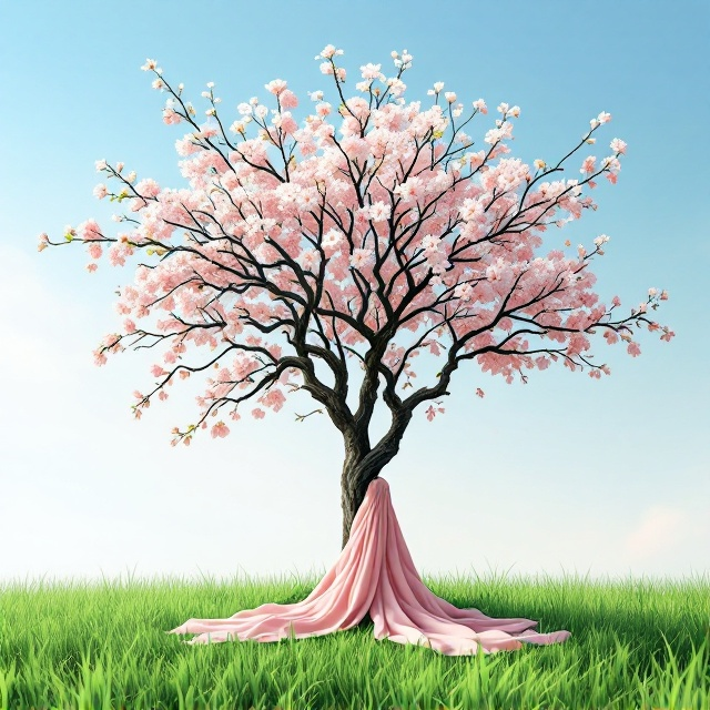 A serene pastoral scene with a single, striking blossom tree standing tall at the center. The tree is adorned with delicate pink and white flowers, set against a backdrop of a clear blue sky. In the foreground, a soft, flowing scarf is subtly integrated with the branches, symbolizing the essence of Hijab. The ground is lush with green grass, creating a harmonious blend of colors that exude peace and spirituality.