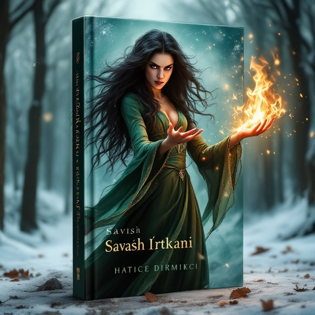 A dynamic scene capturing a striking female witch with long, wavy black hair and a passionate, angry expression. She stands slightly off-center, her emerald green gown billowing around her as she conjures flames in her raised hands. Swirling snowflakes add drama, and the snow-draped forest backdrop imbues mystique. An ethereal glow behind her hints at an impending battle in the human realm.