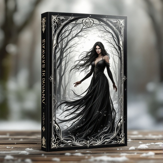A dynamic stained-glass inspired design with soft ecru and black colors. The central figure is a tall, mythological heroine-like female witch with long, wavy black hair, and a passionate, angry expression. She stands slightly off-center, surrounded by swirling air and fire elements. In the backdrop, a mysterious snowy forest scene with swirling snowflakes creates an ethereal atmosphere.