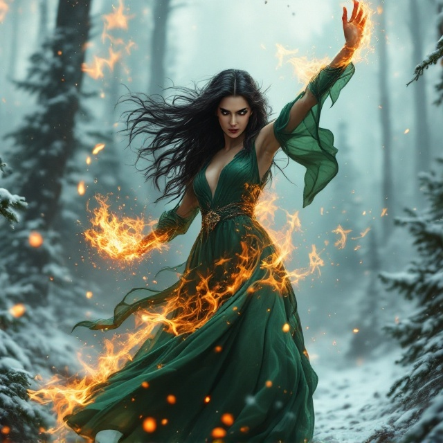 A female witch in a dynamic pose, her arms raised as flames and gusts of wind swirl around her. She stands slightly off-center, her epic green dress flowing with the motion. The background features a mysterious, snowy forest with swirling snowflakes creating a sense of intrigue. Her long, black, wavy hair frames her angry, passionate face, highlighting her mythological heroic stature. The battlefield near her adds to the epic fantasy element.