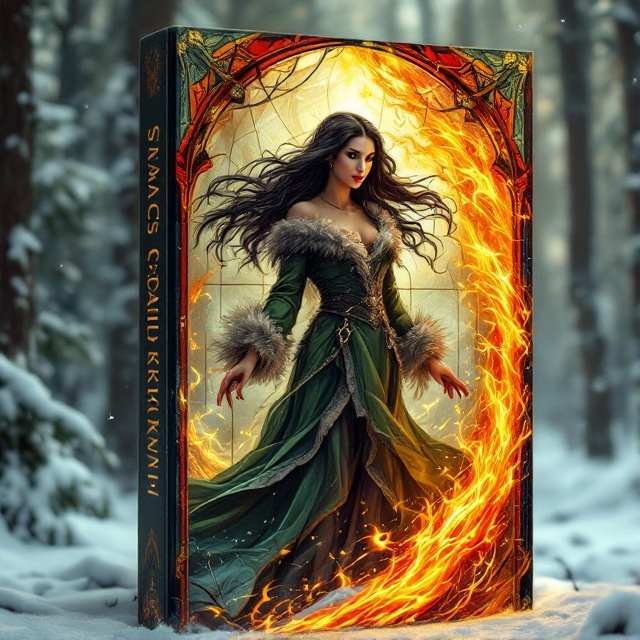 A mystic stained glass design depicts a fierce female witch in a medieval green dress with wolf fur trim. She's positioned slightly off-center, surrounded by swirling flames and air, standing in a snowy forest. The swirling snow and snow-laden pine trees create a backdrop of mystery and epic grandeur. Her long black wavy hair moves with an unseen breeze, and her passionate expression is focused on the battlefield visible in the distance.