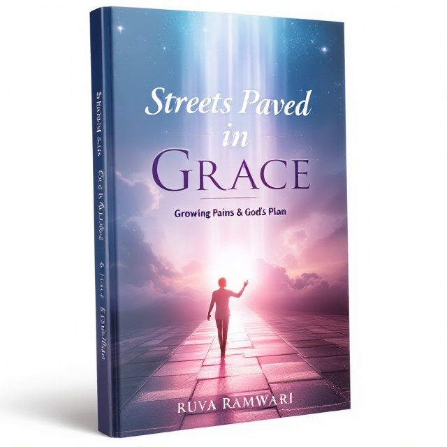 A person is taking tentative steps on a glowing, pink-hued pavement, with a gentle, luminous figure representing God nearby, offering a guiding hand. The background shows an expansive sky with soft, warm light cascading from above, symbolizing hope and divine support.