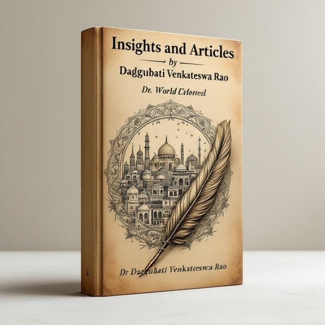 The cover features an intricate blend of political monuments, such as the iconic structures of world capitals and religious symbols delicately intertwined. The background is a muted parchment texture, giving the essence of historical depth. The foreground highlights a vintage quill pen, symbolizing the author's contributions to insights and reflections on world history and polity.