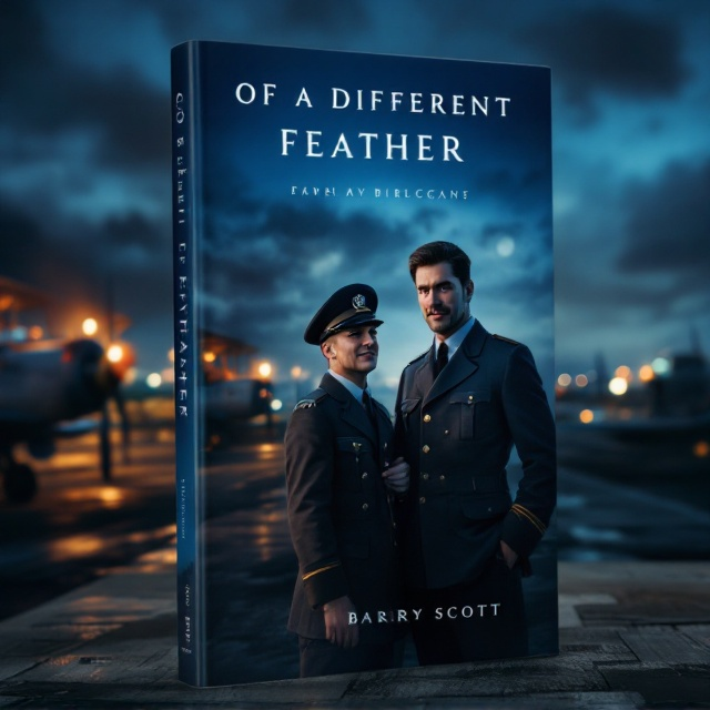 The cover features an ethereal night scene at a World War II airfield. In the foreground, a tall, handsome dark-haired man in a distinguished blue RAF uniform stands solemnly, exuding a sense of honor and duty. Next to him is a smiling, slim blond man in an RAF pilot uniform, subtly touching his arm, conveying camaraderie and deep affection. In the background, a softly illuminated runway with vintage aircraft under the moonlight adds a historical war ambiance.