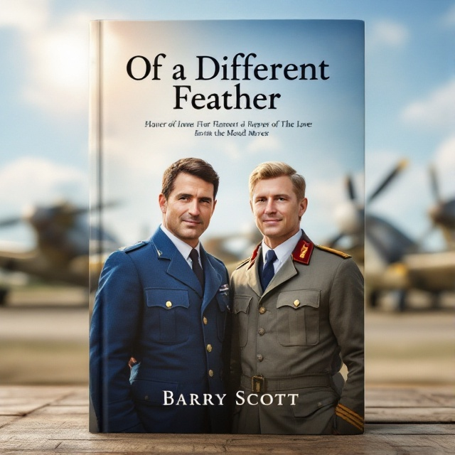 Two men stand side by side at a World War 2 airfield. The dark-haired man wears a blue RAF uniform, oozing confidence and strength, while the blonde man in an RAF pilot uniform exudes warmth with a gentle smile. Vintage aircraft and a clear blue sky form the backdrop, with sunlight casting an ethereal glow, emphasizing a sense of honour, love, and duty.