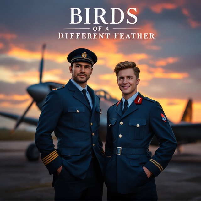 In the foreground, a tall, handsome dark-haired man in a blue RAF uniform stands confidently next to a slim blonde man in a RAF pilot uniform, both smiling warmly. Their figures are subtly highlighted against an evening sky, rich with hues of orange and purple. Behind them, a World War II fighter aircraft is poised, symbolizing strength and duty. The airfield stretches out, bathed in the gentle light of dusk, blending emotions of honor, love, and duty.