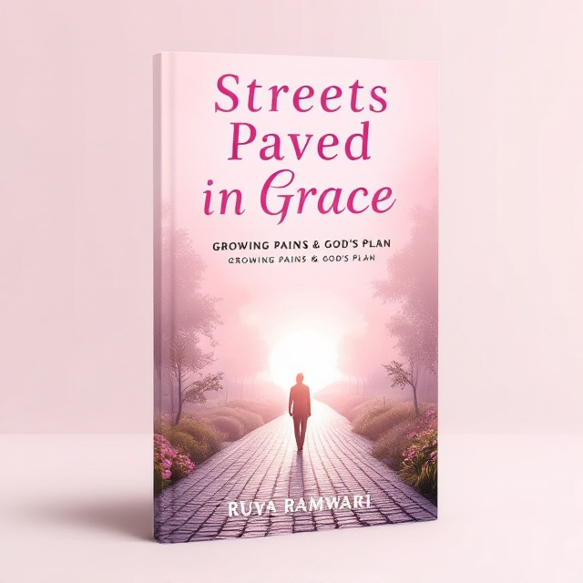 The cover features a soft pink background with a subtle gradient effect. In the foreground, a pathway made of cobblestone pavement leads from the bottom of the cover toward the top, gradually fading into a serene horizon. A silhouette of a person walking along the path is gently illuminated by a soft, ethereal light coming from above, symbolizing divine guidance. Trees and flowers line the path, adding to the sense of peace and beauty. The title is prominently displayed above the center, with a smaller subtitle beneath it. The author's name is at the bottom.