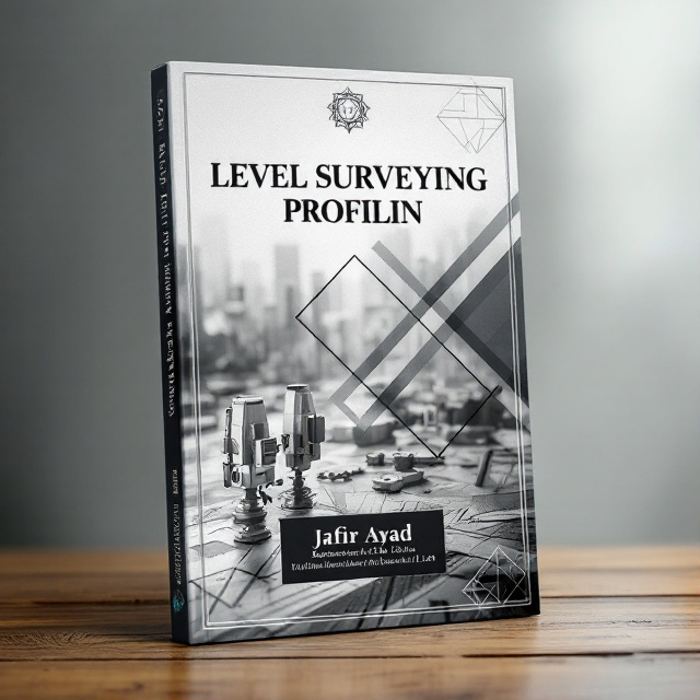 A bold, professional title at the top with a decorative geometric graphic subtly integrated. A subtle image of surveying tools is faintly overlaid across the middle section, blending with a faded topographic map background. At the bottom, aligned to the left, are the author names and supervisor details, with the university logo centered for prominence.