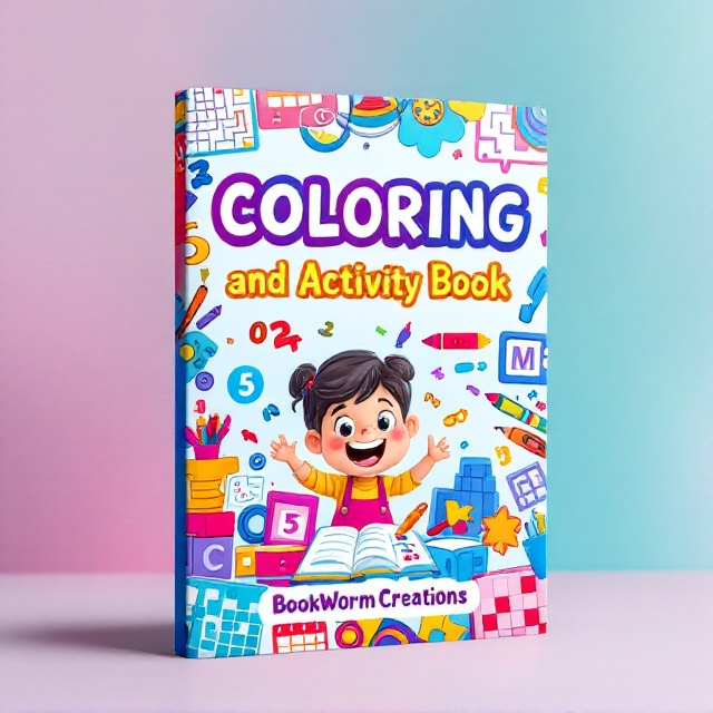 standing book mockup, Its title is "COLORING and ACTIVITY Book". Its author name is BookWorm Creations.  A vibrant and colorful background filled with cartoonish illustrations of various activities, including mazes, crayons, pencils, and drawing tools. Large, playful numbers and letters intermingle with elements like sudoku grids and checkers boards. A joyful cartoon character is depicted centrally, engaging with one of the activities. A fun, bold sans-serif font with varying sizes to create a lively and playful feel. The title "COLORING and ACTIVITY Book" takes up prominent space at the top, while "BookWorm Creations" is written in a whimsical, handwritten script at the bottom., The title dominates the top third of the cover, with the cartoon character and activity illustrations taking center stage. The author's name is positioned at the lower portion. Background elements are scattered intelligently to avoid overcrowding while maintaining a lively appearance.