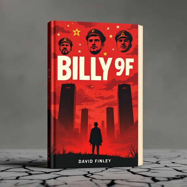 The cover features a stylized, red-tinted illustration of the main character, Billy, cast in a bold, silhouette-like manner against a backdrop that resembles towering, monolithic buildings. The sky is an ominous shade of grey, filled with dark clouds, and scattered with propaganda-like symbols such as stars and gears. The ground beneath Billy is cracked and desolate, evoking a dystopian landscape. In the sky, oversized, comical, but slightly threatening, caricatured faces of authority figures watch over Billy, adding a humorous yet eerie feel to the cover.