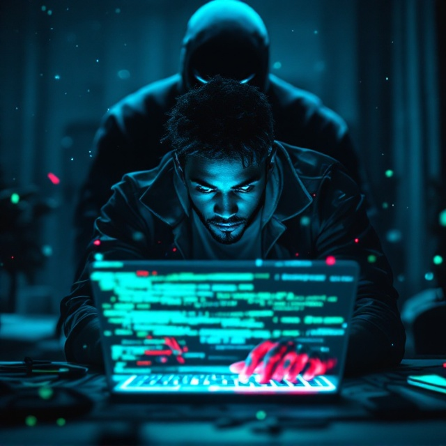 Tyrone Jackson is in mid-action, hunched over a glowing laptop with lines of green code flowing across the screen. In the dimly lit room, a masked figure looms shadow-like in the background, adding an element of suspense. The background expands into a vast cosmic starry landscape, creating an aura of mystery and infinite possibilities. Bright electric blue and neon green accents highlight Tyrone’s focused expression and movements, with glimpses of futuristic elements in his casual attire.