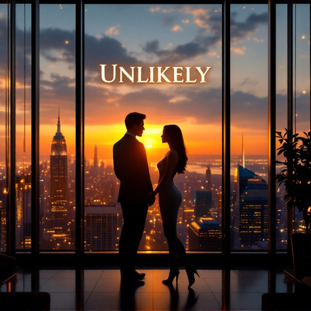 A luxurious penthouse view of a city skyline at sunset, seen through floor-to-ceiling windows. Two silhouettes, a man in a sharp suit and a woman in an elegant dress, stand near each other, separated by a small distance that implies both attraction and tension. The wealth is subtly showcased through the modern, opulent furniture and sparkling city lights reflected in the glass.