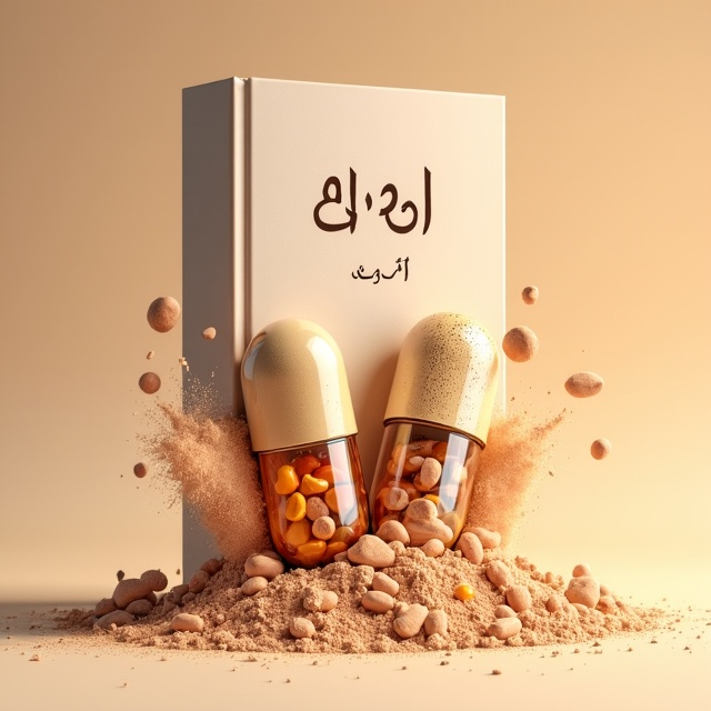 An intriguing visual featuring two capsules at the center with their contents bursting out. On the left, a cascade of vibrant, mini chemical bond diagrams and vitamin icons that dissolve into a cloud of powder. On the right, delicate images of protein packaging appear as if being assembled from the capsule contents. The background is a gradient of light brown, fading to a cream color towards the edges, conveying warmth and naturalness.