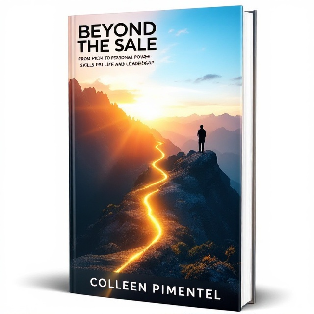 A bold, inspirational scene with a bridge metaphor, transitioning from a sales scene to an empowering summit. On the left, a silhouette of a person presenting a pitch to a group of attentive listeners, and on the right, the same individual standing confidently on a mountain peak with a sunrise backdrop. The bridge between the scenes is a flowing path of golden light, emphasizing growth and transition.