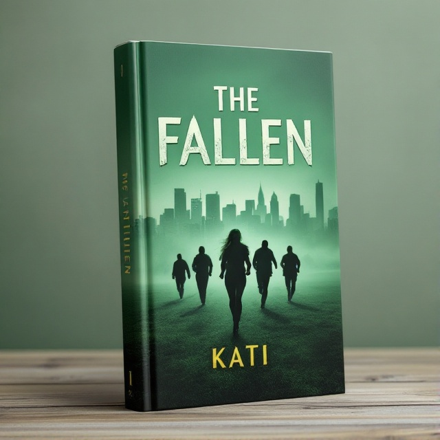 The cover features a sprawling green field with a fading city skyline in the background, shrouded in a gloomy haze. In the foreground, five shadowy figures, led by a prominent female figure, run towards the viewer. The sky above is a muted green, hinting at an overcast atmosphere, and the title is seamlessly incorporated into the scene.