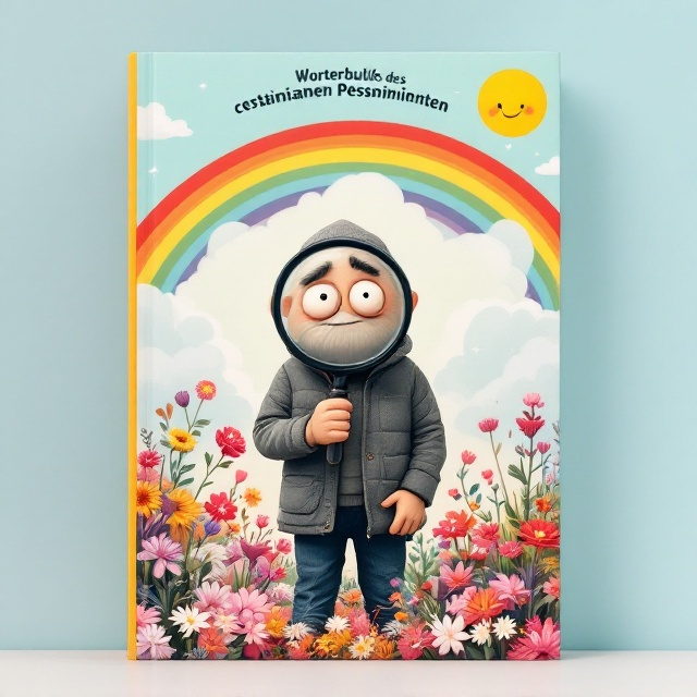 A grey-clad pessimist stands at the center, holding a comically large magnifying glass towards the foreground. The world around him is vibrant, filled with blooming flowers, a smiling sun radiating warmth from the top right, and a colorful rainbow arching across the sky. Cute, innocuous objects populate the background, emphasizing the contrast with the gloomy character. The pessimist's shadow is disproportionately large, hinting at a deeper, darker outlook.