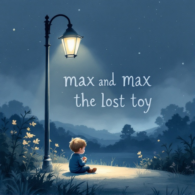 A somber, watercolor-style illustration of a small, teary-eyed boy named Max, sitting under a lamppost at dusk. His little hands clutch an empty space, where his lost toy should be, and a picturesque but muted landscape unfolds behind him, featuring soft shadows and serene, twilight hues.