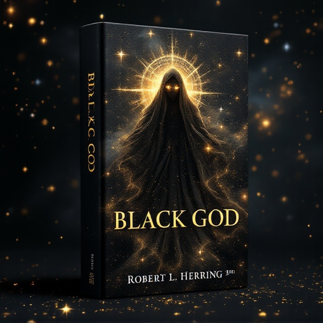 A celestial scene fills the cover, with a vast black sky speckled with stars and nebulae. At the center is an ethereal figure shrouded in resplendent robes, the texture of which seems to flow and shimmer with stardust. The figure's eyes gleam with a golden hue, symbolizing divinity and power. These elements exude a sense of majesty and reverence, encapsulating the godly and royal theme.