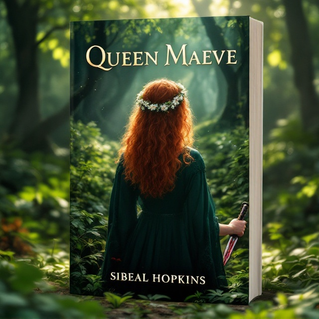 The cover features a red curly-haired girl standing with her back to the viewer, her silhouette partially illuminated by dappled sunlight filtering through the dense green foliage of an Irish forest. She wears a delicate daisy crown, and her right hand holds a blood-stained knife, partially visible at her side. The forest is rich with hues of deep green, exuding a sense of magic and mystery. Subtle wisps of mist curl around her feet, enhancing the mystical atmosphere.