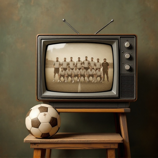 An old TV screen showing Egypt's national team squad lined up on a football field, with a sepia-toned photo of Mahmoud el Gohary positioned beside the screen. A vintage football is placed on a wooden chair in the foreground, with a nostalgic filter applied to the entire scene. The background features a subtle texture reminiscent of the 1990s.