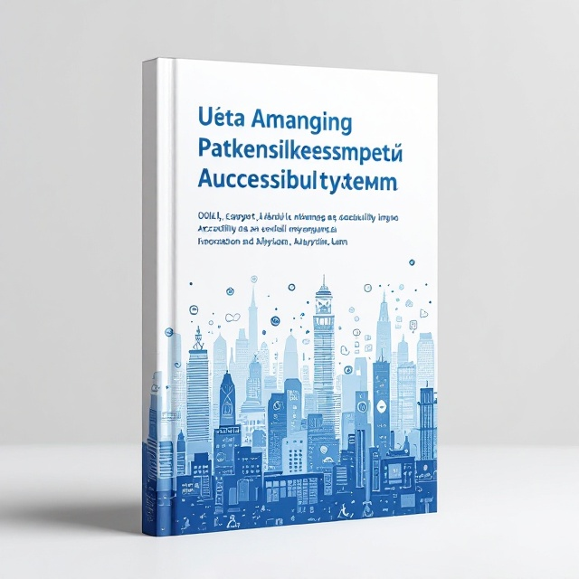 The cover features a futuristic cityscape subtly fading into a pattern of accessibility icons such as wheelchair symbols, braille dots, and sign language gestures. The background is predominantly white, creating a clean and modern look while focusing on the accessibility theme.
