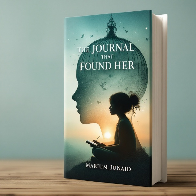 The cover features a silhouette of a head in profile, with the head designed as a delicate cage. Inside the cage, a young girl is depicted sitting cross-legged, deeply engrossed in writing in her journal. Surrounding the cage are gentle, faded hues of blues and greens to signify tranquility and hope, with wisps of mist representing thoughts and emotions. The distant edges of the cover introduce hints of a dawn horizon, suggesting the emergence of a new day and new beginnings.