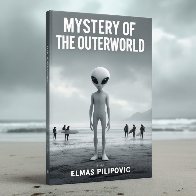 The cover features a vast, gray-colored beach under an overcast sky. In the foreground, a pale, 8ft tall alien stands with a puzzled expression, its eyes reflecting the surfers’ silhouettes in the distance. The group of surfers, a mix of figures holding surfboards, are gathered a few feet away, their expressions a mix of shock, curiosity, and suspicion.