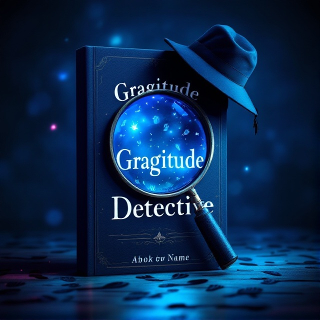 A shadowy background in deep blues and purples creates a mysterious ambiance. A large magnifying glass takes center stage, with reflections of clues or symbols of gratitude visible within its lens. Subtle footprints scattered around the cover suggest a trail to follow, while a detective hat hangs from one corner, drawing the eye across the page.