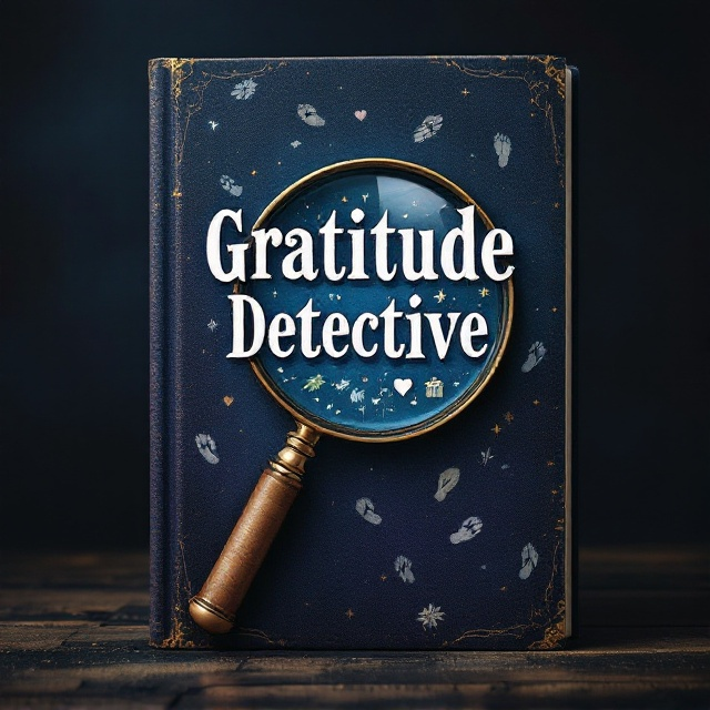 The cover features a shadowy background in a blend of deep blues and purples, creating a mysterious and intriguing ambiance. A large magnifying glass is placed at the center, with its lens reflecting intricate symbols and clues of gratitude, such as a heart, a leaf, and a small gift, suggesting elements of appreciation. Subtle, scattered footprints are delicately imprinted around the edge of the cover, leading towards and around the magnifying glass, hinting at a trail to be followed.