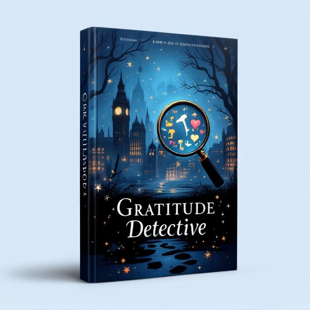 The cover features a nocturnal cityscape shrouded in a mysterious fog, setting a classic detective tone. Central to the design is a large, intricately detailed magnifying glass, capturing reflections of cryptic symbols like keys, hearts, and stars that denote clues of gratitude. Scattered, shadowy footprints meander across the imagery, leading the viewer’s eye across the cover, suggesting a trail of discovery.