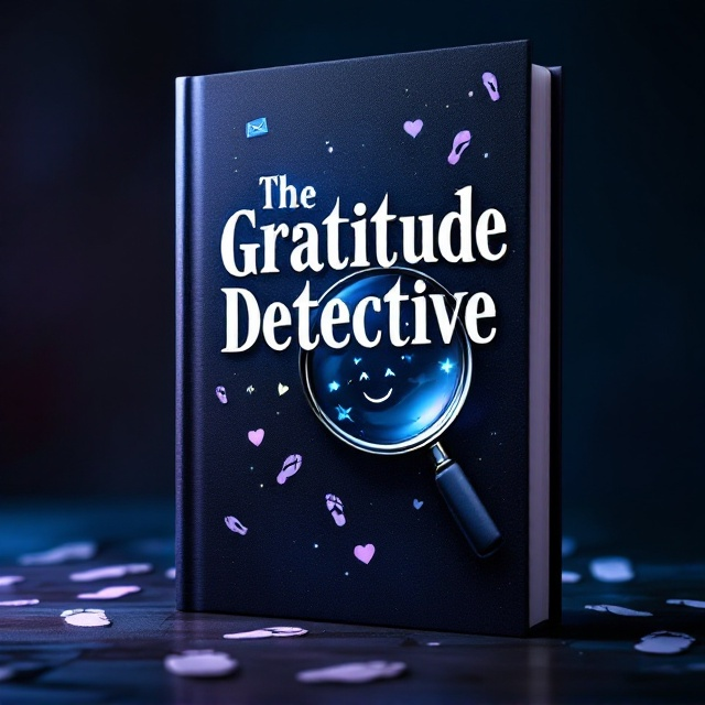 A shadowy background in deep blues and purples creates a mysterious and immersive ambiance, drawing readers into a world of discovery. At the center, a large magnifying glass dominates, with its lens revealing reflections of various symbols of gratitude, such as a heart, a thank-you card, and a glowing smiley face. Subtle footprints in a lighter hue are scattered playfully around the cover, leading from the edges towards the magnifying glass, inviting exploration.