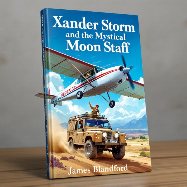 The cover features an illustration of a Cessna plane soaring across a vibrant blue sky. Inside the cockpit, an adventurous 54-year-old gray-haired man in a tweed suit is seen in animated conversation with a 13-year-old boy with brown hair. Beneath them, a rugged Land Rover is in hot pursuit, dusty trails marking its path against the landscape. The background hints at a fantastical world with distant mountains and swirling clouds, capturing the essence of mystery and adventure.