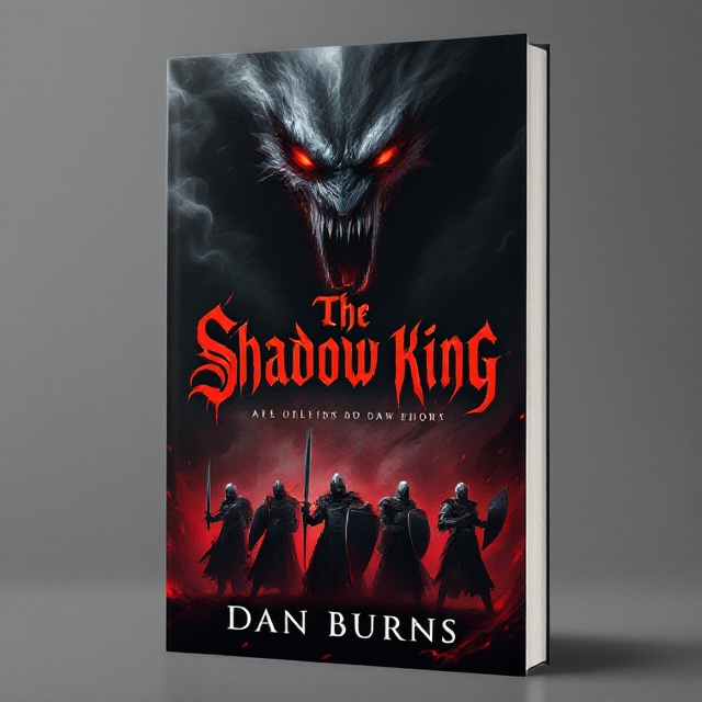 A looming, smoke-like beast with eerie red eyes and sharp, jagged teeth dominates the upper half of the cover. Below, four armored knights wield swords and shields, poised for battle against the shadowy figure. The beast seems to emerge from swirling black and red smoke, adding a sense of movement and chaos. The background is a deep black, enhancing the suspenseful and fearful atmosphere.