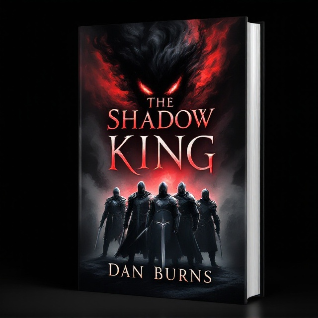The cover features a menacing smoke-like beast with glowing red eyes and jagged teeth, emerging from a swirling mass of black and red smoke in the upper half. Below, four armored knights stand bravely, their swords and shields gleaming as they prepare to face the ominous creature. The entire scene is enveloped in a dark and intense aura, with contrasting colors that accentuate the fear and suspense, set against a deep black background. Dan Burns' name appears subtly at the bottom to maintain focus on the central imagery.