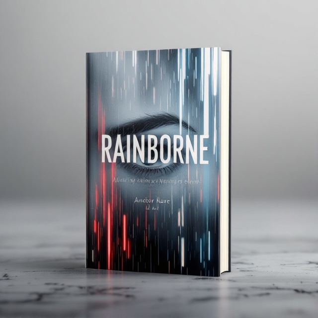 The cover features a dominant, large eye with hunter brows at the center, symbolizing vigilance and mystery. Background shows a subtle abstraction of rain with streaks of red and blue lights slanting diagonally, adding intrigue and creating a mysterious atmosphere. The overall color scheme is a sophisticated blend of greys, with red and blue highlighting elements to ensure the cover stands out.