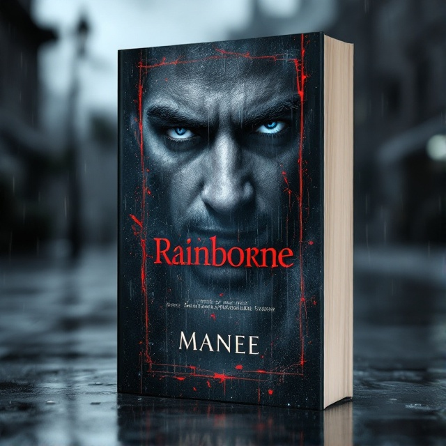 The cover features a moody black and grey background with a rainy street scene. Centered at the top is a striking pair of hunter man’s eyes and eyebrows, suggesting mystery and intensity. Splashes of red and blue subtly weave through the rain, adding depth and intrigue.