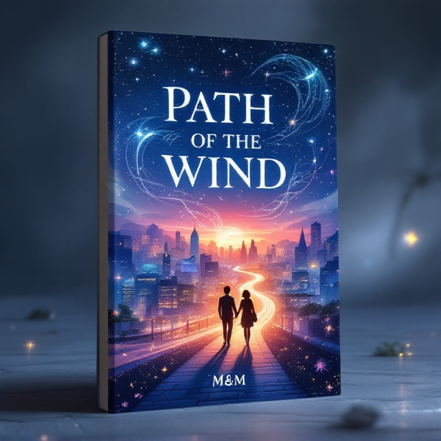 The cover features an enchanting Seoul cityscape at dusk, aglow with the last light of day and the first twinkle of city lights. Swirling winds create magical patterns across the sky and around the buildings. In the center, the silhouette of a young man and a young woman are seen walking in opposite directions, with a subtle path of wind linking them. The overall style is ethereal and vibrant, with a balance of warm and cool tones to bring out the magical atmosphere.