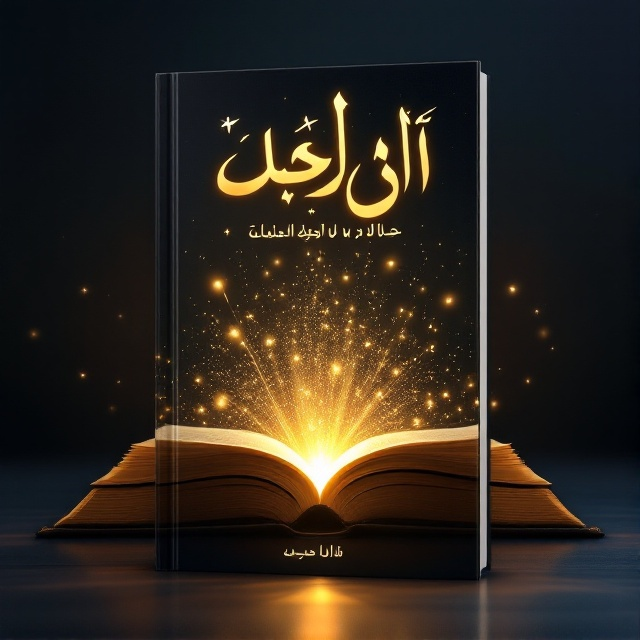 A glowing open book with golden rays emerging, symbolizing inspiration. The background has a gradient from deep blue at the top to black at the bottom, enhancing the cover's allure. The golden title "اجنحة الكلمات" sits prominently above the book, with the subtitle "رحلة بين اقتباسات ملهمة" gracefully curving beneath.