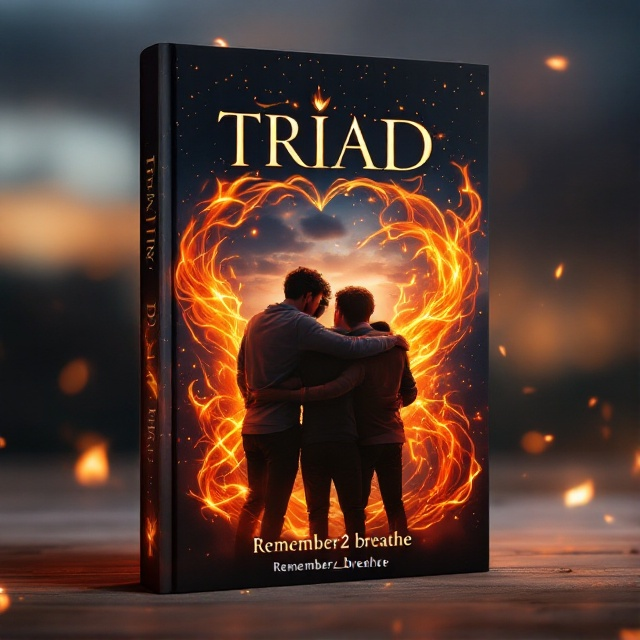 A dynamic scene featuring three boys standing together in a warm embrace, surrounded by swirling ethereal flames that flicker in brilliant hues of orange and gold, highlighting the sense of fantasy and romance. The background is set with a twilight sky, suggesting a magical and intimate atmosphere.