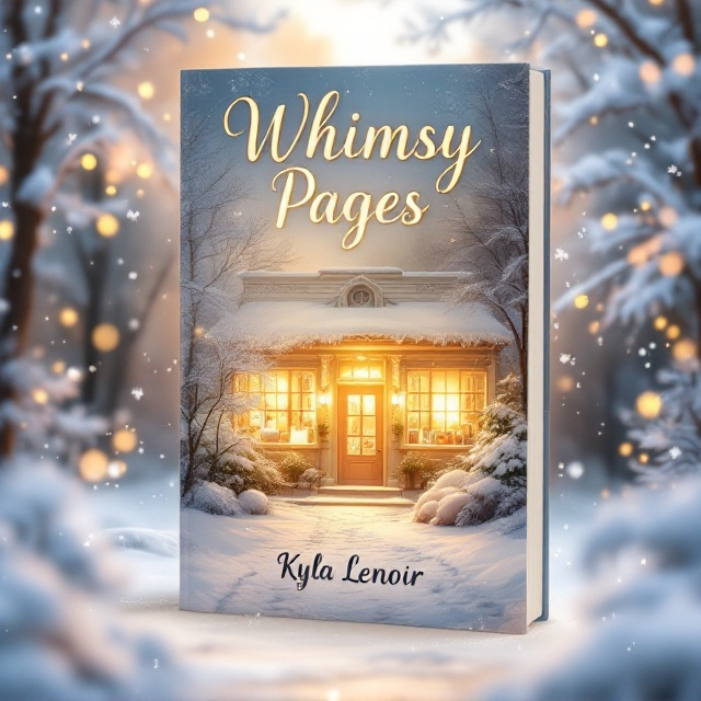 A serene winter scene featuring a cozy, snow-covered bookstore nestled amidst snow-laden trees. Warm yellow light softly glows through the frosty windows, casting a welcoming radiance onto the snowy path leading up to the entrance. In the foreground, delicate snowflakes fall gently, creating a dreamlike ambience.
