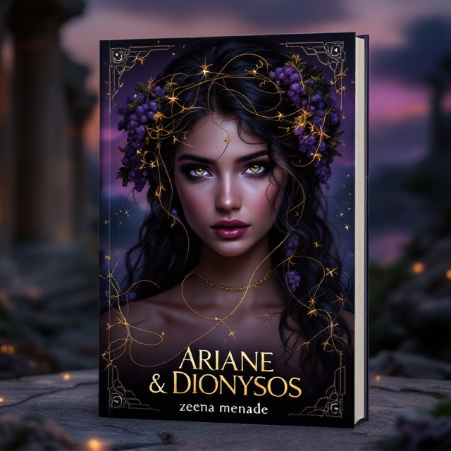 A seductive Greek mythological girl is front and center, her gaze mysterious and alluring. Her hair is interwoven with delicate golden vines and clusters of lush grapes, hinting at Dionysos' presence. The backdrop is a dark, moody landscape of ancient Greek ruins basked under the enchanting glow of a purple twilight sky. Spiraling in the foreground is Ariane's string, symbolically connecting elements of the scene and leading the viewer’s eye across the cover.