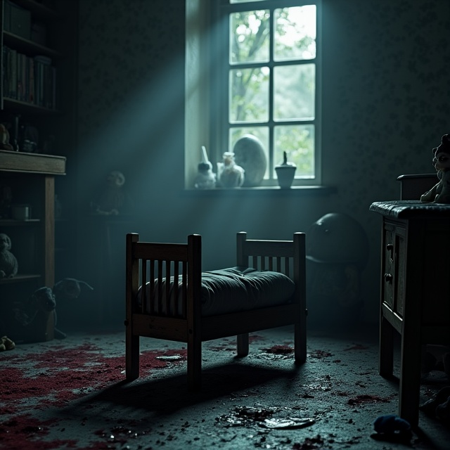A dimly lit, shadowy nursery scene with a sinister ambiance. The foreground features an antique wooden cradle slightly tilted, with splatters of blood subtly dripping from its edges. The background is shrouded in darkness, with barely visible outlines of eerie toys and old wallpaper. A single, faint light source casts long shadows, adding to the mystery and fear.