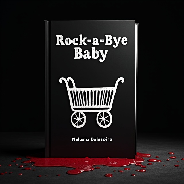 A stark black background with a haunting white silhouette of an old-fashioned baby cradle positioned centrally. Around it, blood spatters are artfully scattered, creating a chilling contrast and drawing attention to the cradle. Dimly lit shadows add depth and intrigue to the scene.